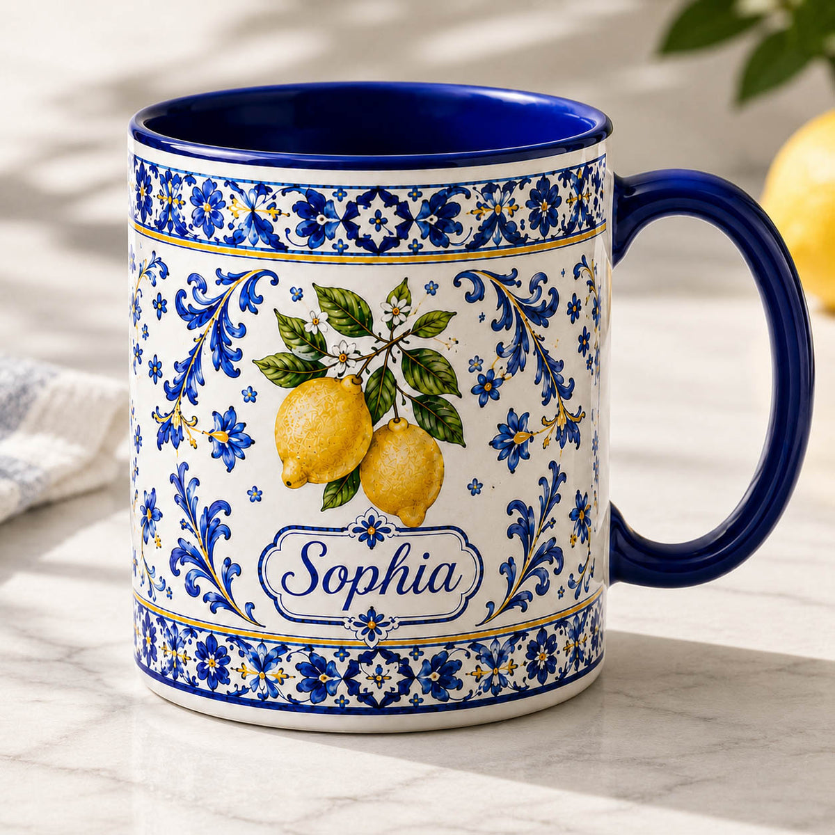 Mediterranean Lemon Blue Tile Coffee Gift - Personalized Mug