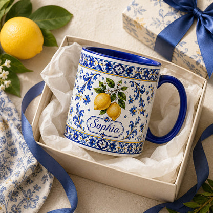Mediterranean Lemon Blue Tile Coffee Gift - Personalized Mug