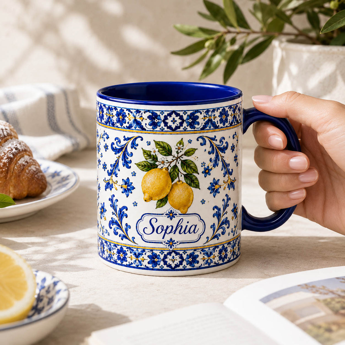 Mediterranean Lemon Blue Tile Coffee Gift - Personalized Mug