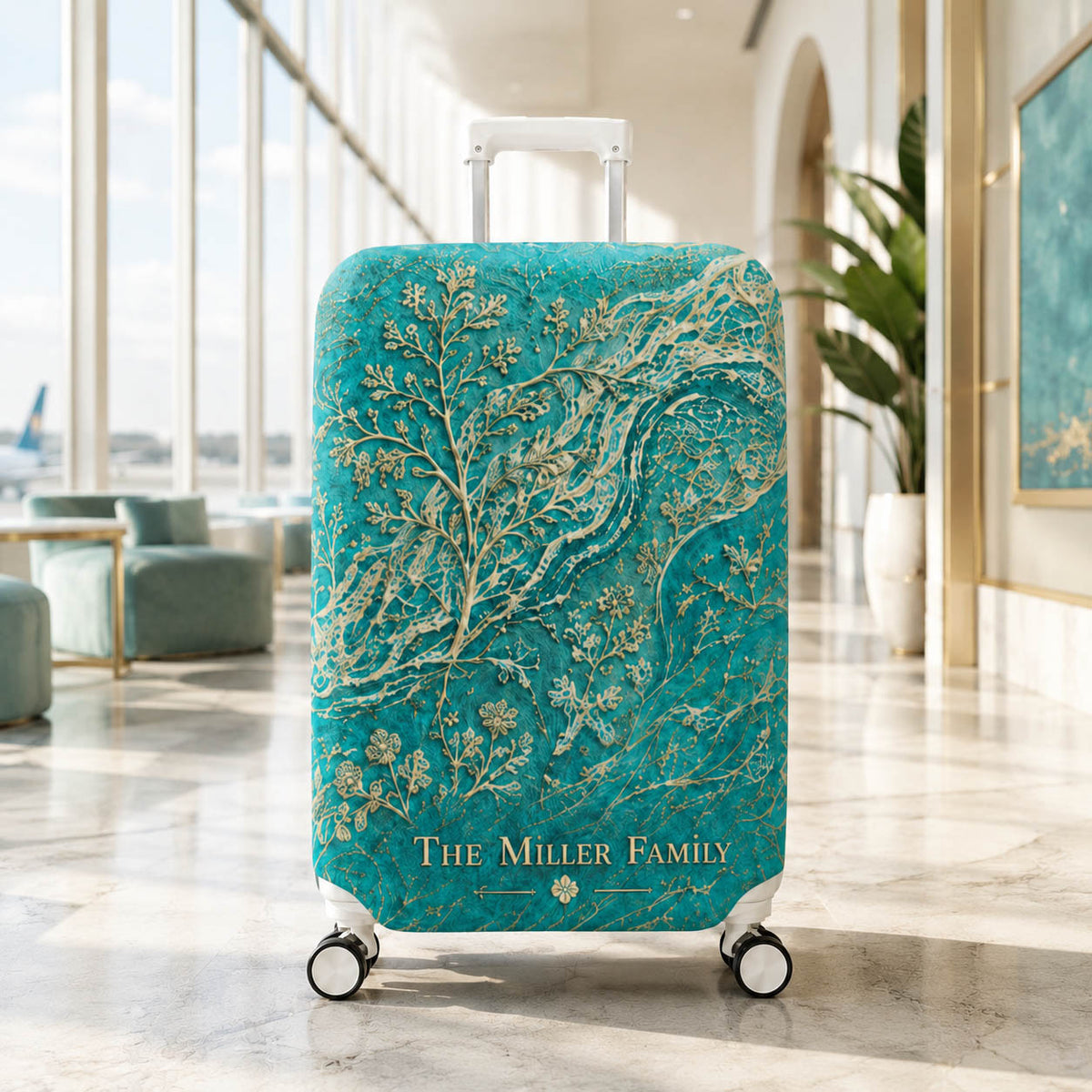Teal Botanical Family Travel Accessories Gift - Personalized Luggage Cover, Tag & Passport Cover Set
