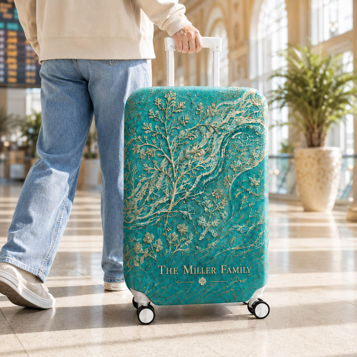 Teal Botanical Family Travel Accessories Gift - Personalized Luggage Cover, Tag & Passport Cover Set