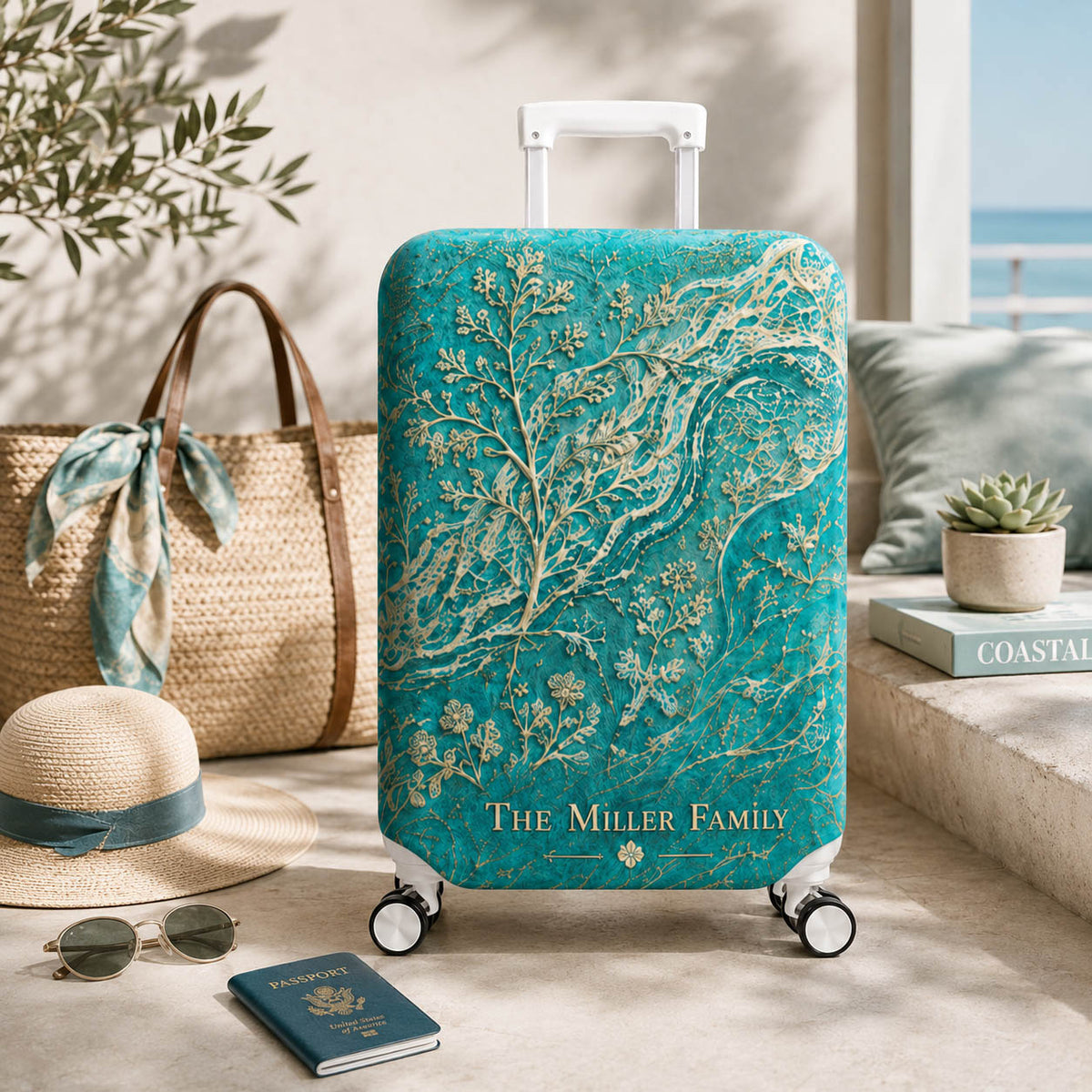Teal Botanical Family Travel Accessories Gift - Personalized Luggage Cover, Tag & Passport Cover Set