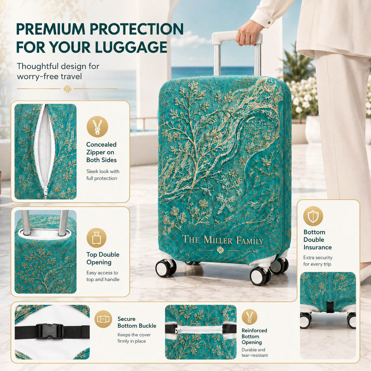 Teal Botanical Family Travel Accessories Gift - Personalized Luggage Cover, Tag & Passport Cover Set