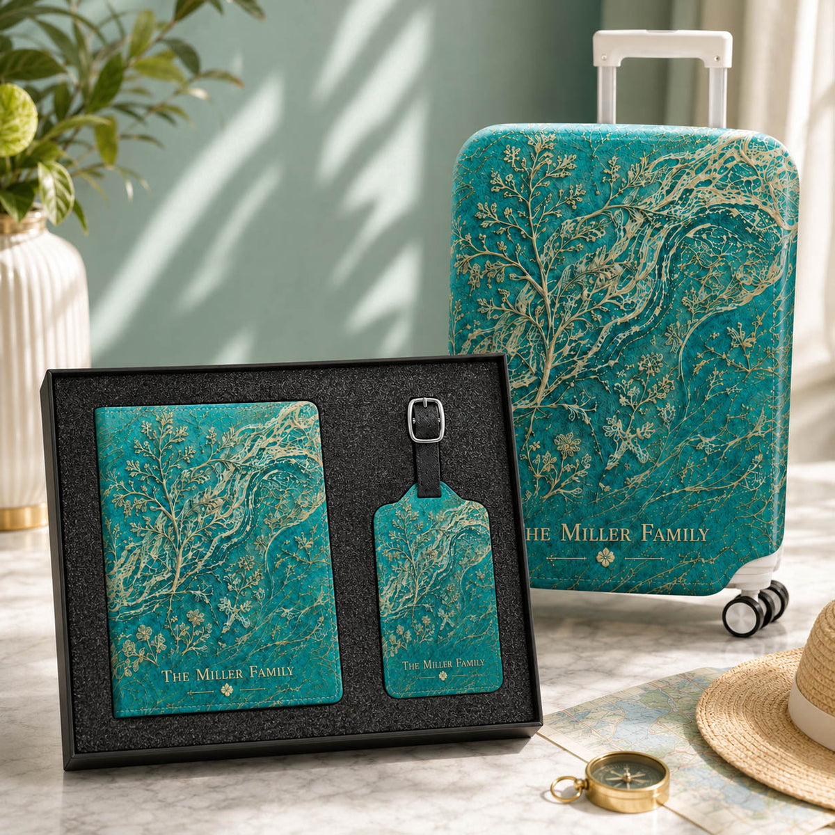 Teal Botanical Family Name Travel Gift - Personalized Luggage Tag