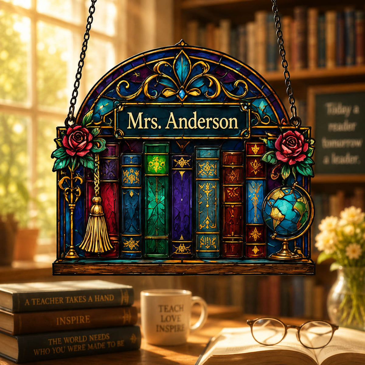 Teacher Appreciation Library Classroom Decor Gift - Personalized Window Hanging Suncatcher