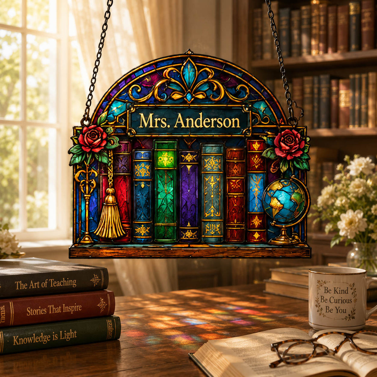 Teacher Appreciation Library Classroom Decor Gift - Personalized Window Hanging Suncatcher