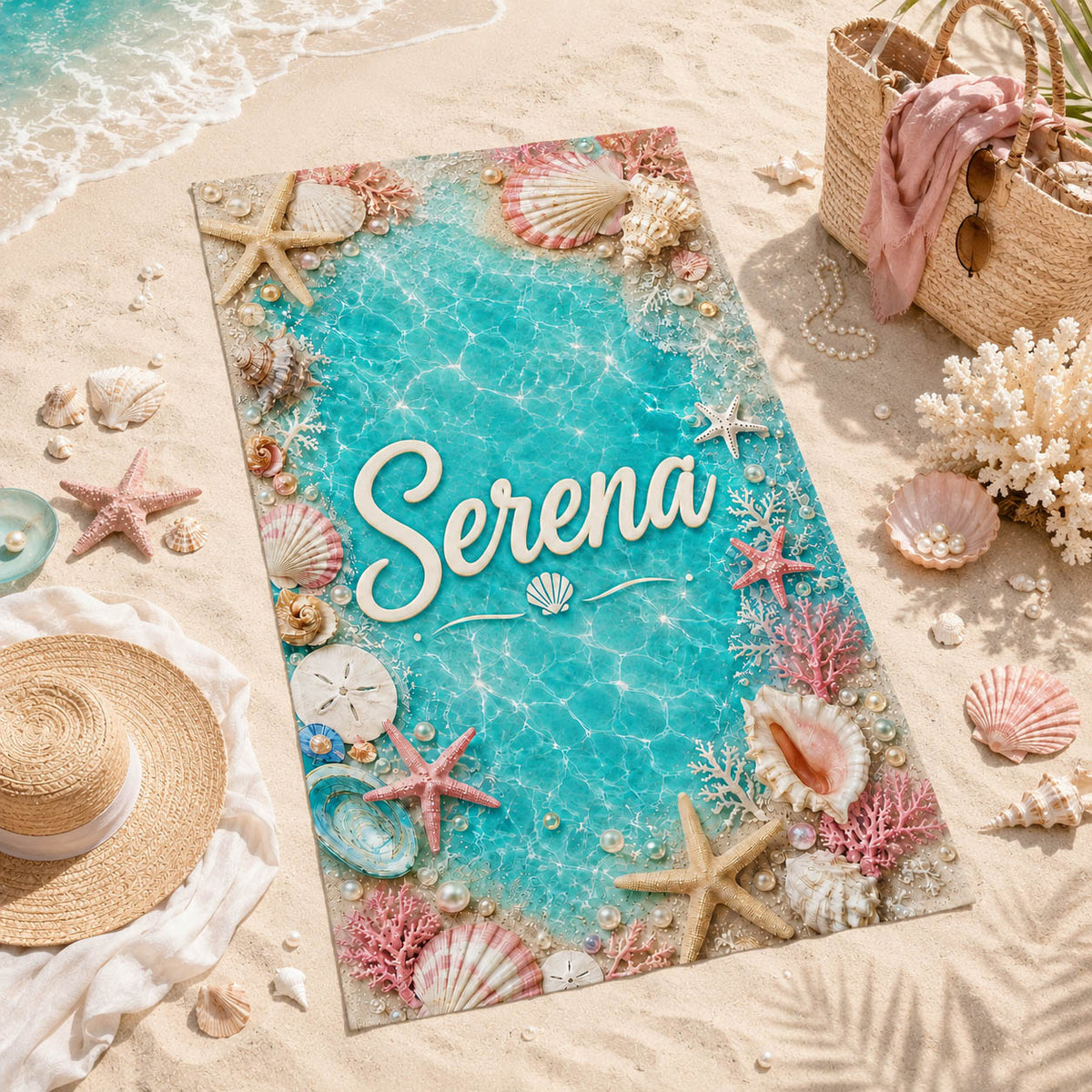 Turquoise Seashell Coral Beach Vacation Gift - Personalized Beach Towel & Beach Bag Set