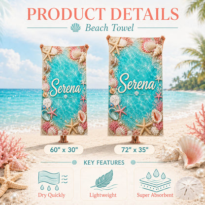 Turquoise Seashell Coral Beach Vacation Gift - Personalized Beach Towel & Beach Bag Set