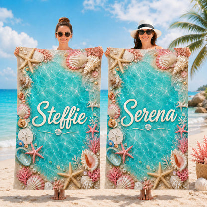 Turquoise Seashell Coral Beach Vacation Gift - Personalized Beach Towel & Beach Bag Set