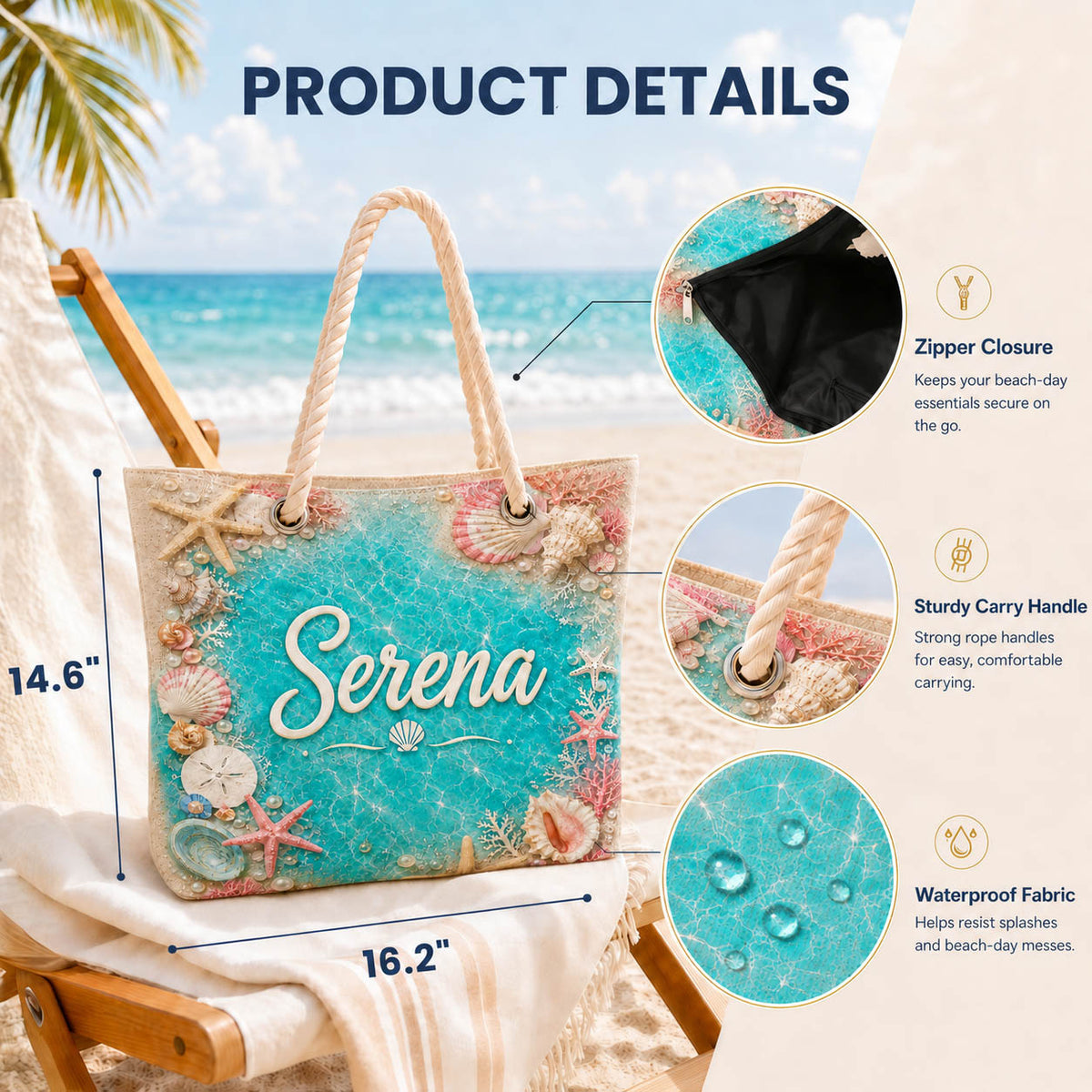 Turquoise Seashell Coral Beach Vacation Gift - Personalized Beach Towel & Beach Bag Set