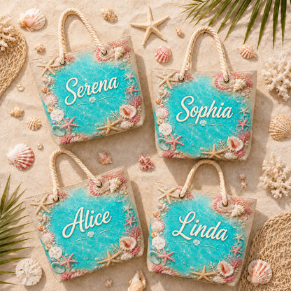 Turquoise Seashell Coral Beach Vacation Gift - Personalized Beach Towel & Beach Bag Set