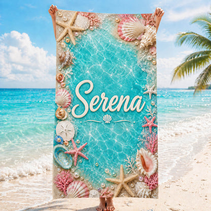 Turquoise Seashell Coral Beach Vacation Gift - Personalized Beach Towel & Beach Bag Set
