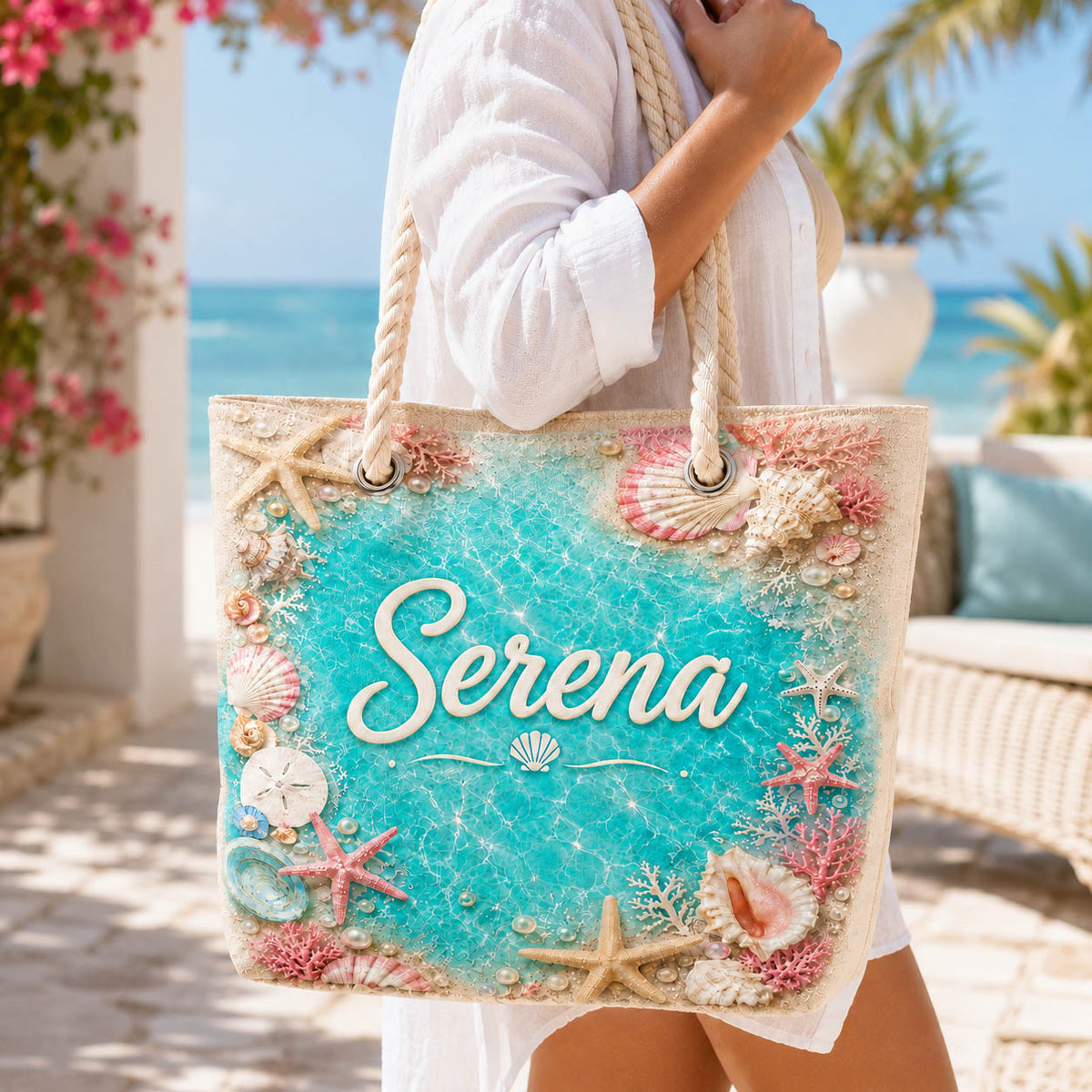 Turquoise Seashell Coral Beach Vacation Gift - Personalized Beach Towel & Beach Bag Set