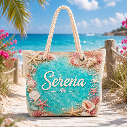 Turquoise Seashell Coral Beach Vacation Gift - Personalized Beach Towel & Beach Bag Set