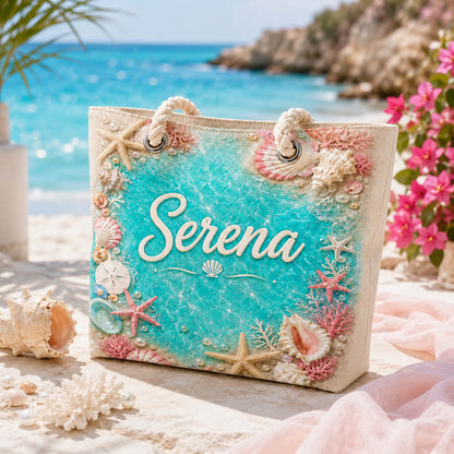 Turquoise Seashell Coral Beach Vacation Gift - Personalized Beach Towel & Beach Bag Set