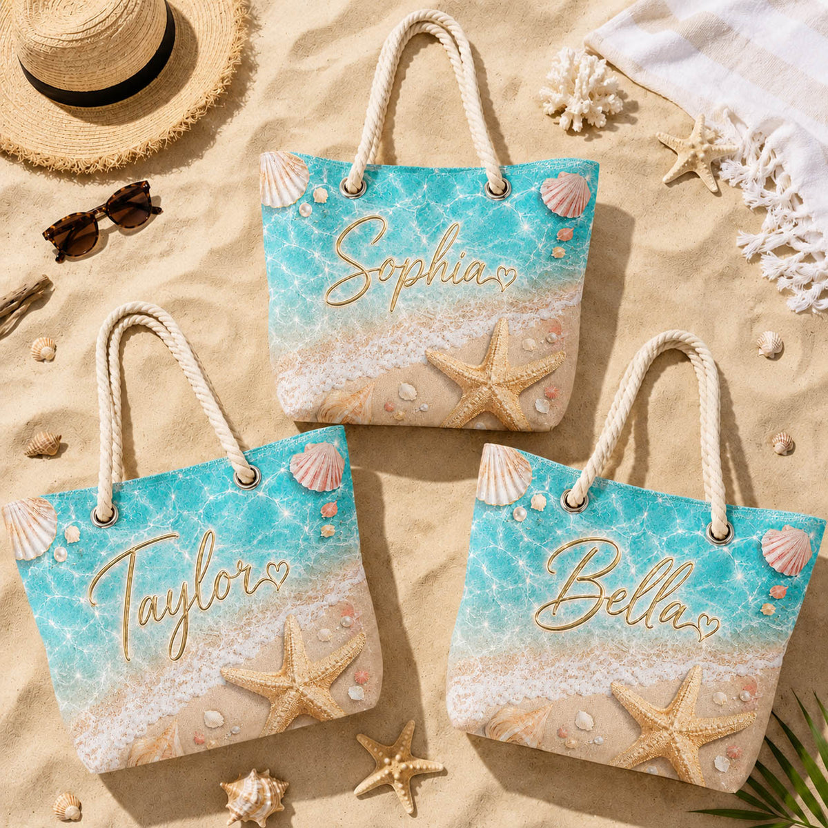 Sparkling Seashell Starfish Pool Day Gift for Girls - Personalized Beach Towel & Beach Bag Set