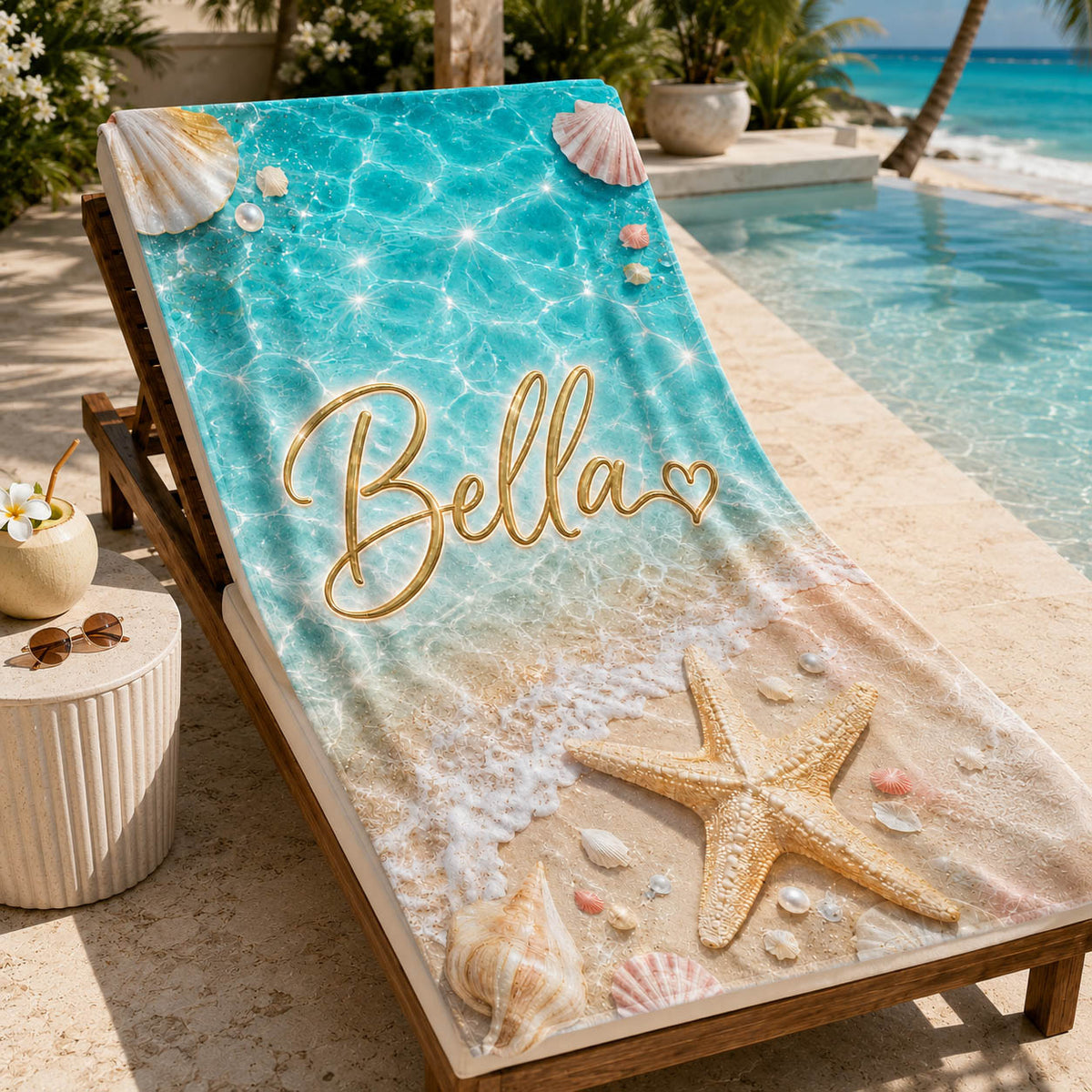 Sparkling Seashell Starfish Pool Day Gift for Girls - Personalized Beach Towel & Beach Bag Set