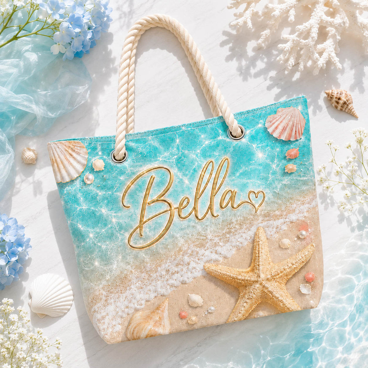 Sparkling Seashell Starfish Pool Day Gift for Girls - Personalized Beach Towel & Beach Bag Set
