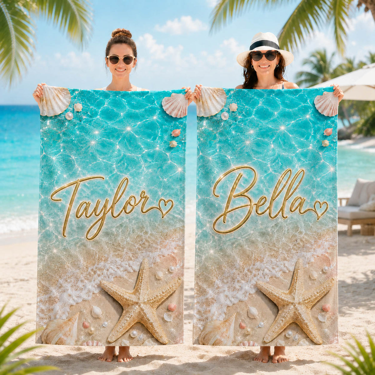 Sparkling Seashell Starfish Pool Day Gift for Girls - Personalized Beach Towel & Beach Bag Set