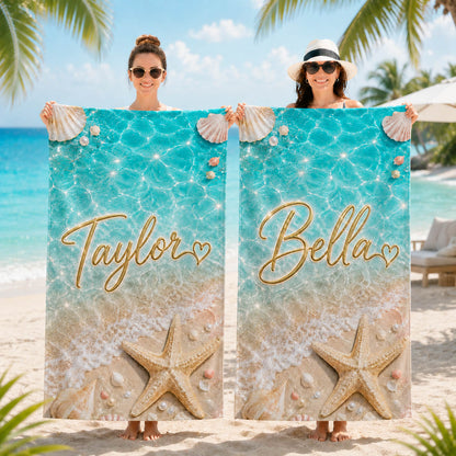 Sparkling Seashell Starfish Pool Day Gift for Girls - Personalized Beach Towel & Beach Bag Set