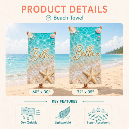 Sparkling Seashell Starfish Pool Day Gift for Girls - Personalized Beach Towel & Beach Bag Set