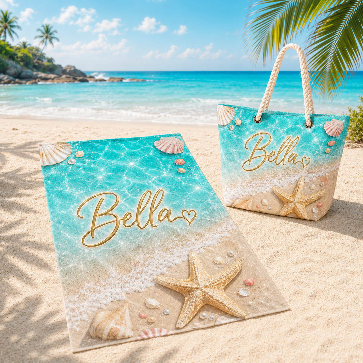 Sparkling Seashell Starfish Pool Day Gift for Girls - Personalized Beach Towel & Beach Bag Set