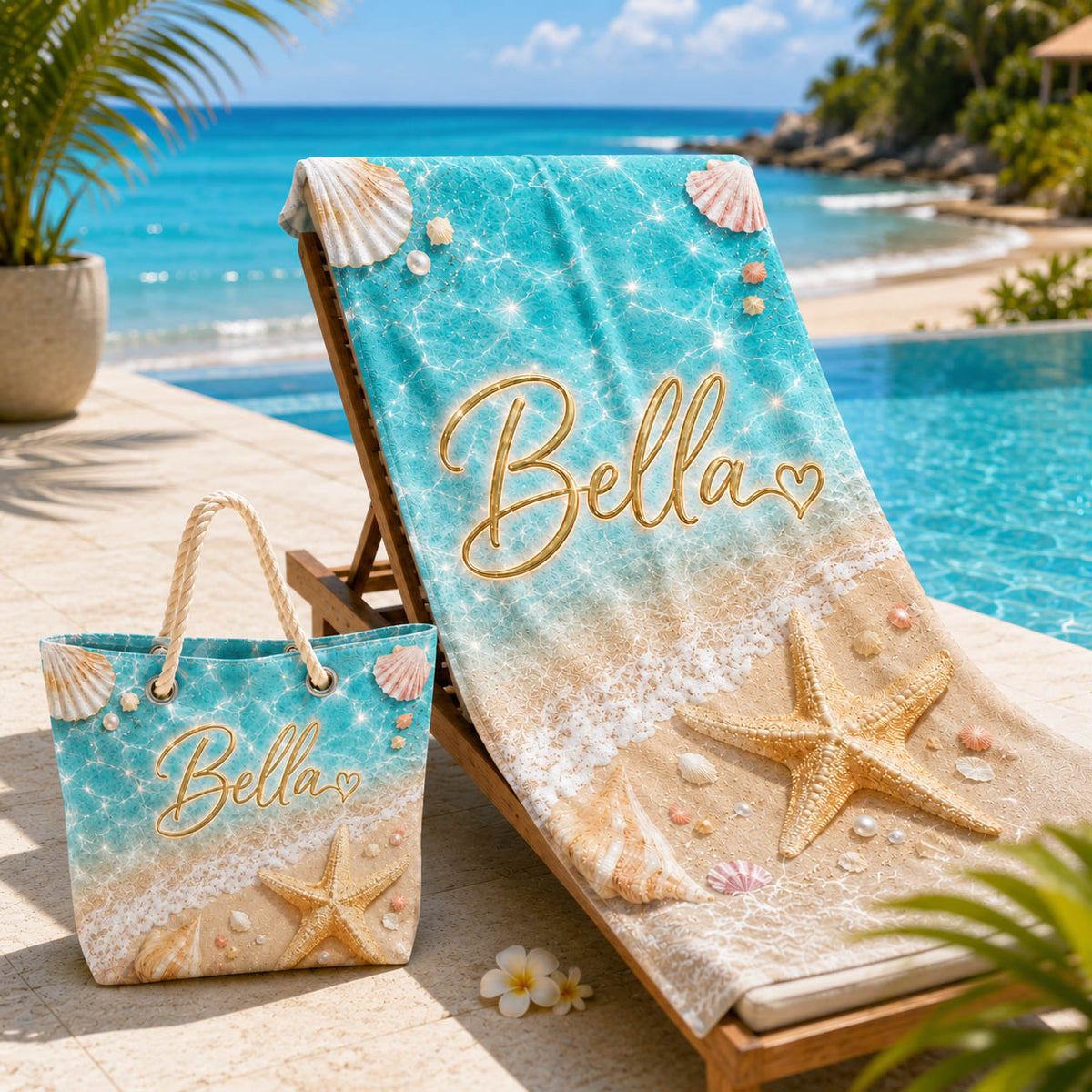 Sparkling Seashell Starfish Pool Day Gift for Girls - Personalized Beach Towel & Beach Bag Set