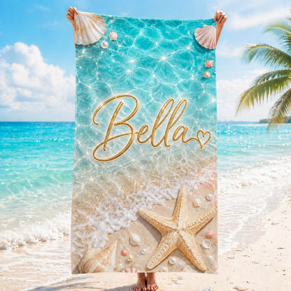 Sparkling Seashell Starfish Pool Day Gift for Girls - Personalized Beach Towel & Beach Bag Set
