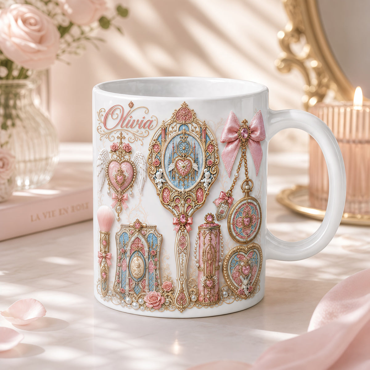 Custom Name Vintage Coffee Cup Gift for Her - Personalized Coquette Mug