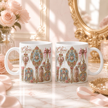 Custom Name Vintage Coffee Cup Gift for Her - Personalized Coquette Mug