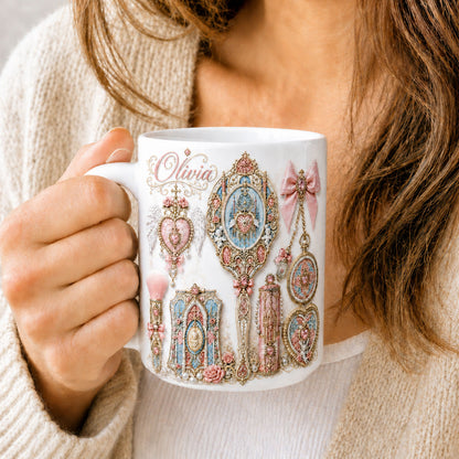 Custom Name Vintage Coffee Cup Gift for Her - Personalized Coquette Mug
