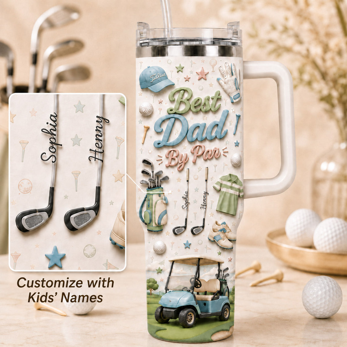 Personalized Golf Dad 40oz Tumbler - Custom Kids Names Father’s Day Gift