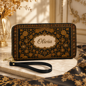 Black Persian Rug Boho Floral Travel Wallet Gift for Her - Personalized Leather Long Wallet