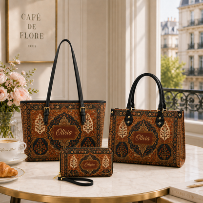 Boho Floral Persian Rug Travel Gift for Her - Personalized Leather Long Wallet