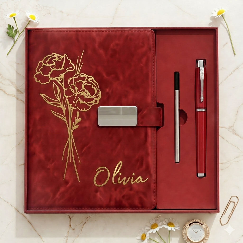Personalized Leather Journal Gift Set - Custom Name & Flower Notebook with Pen