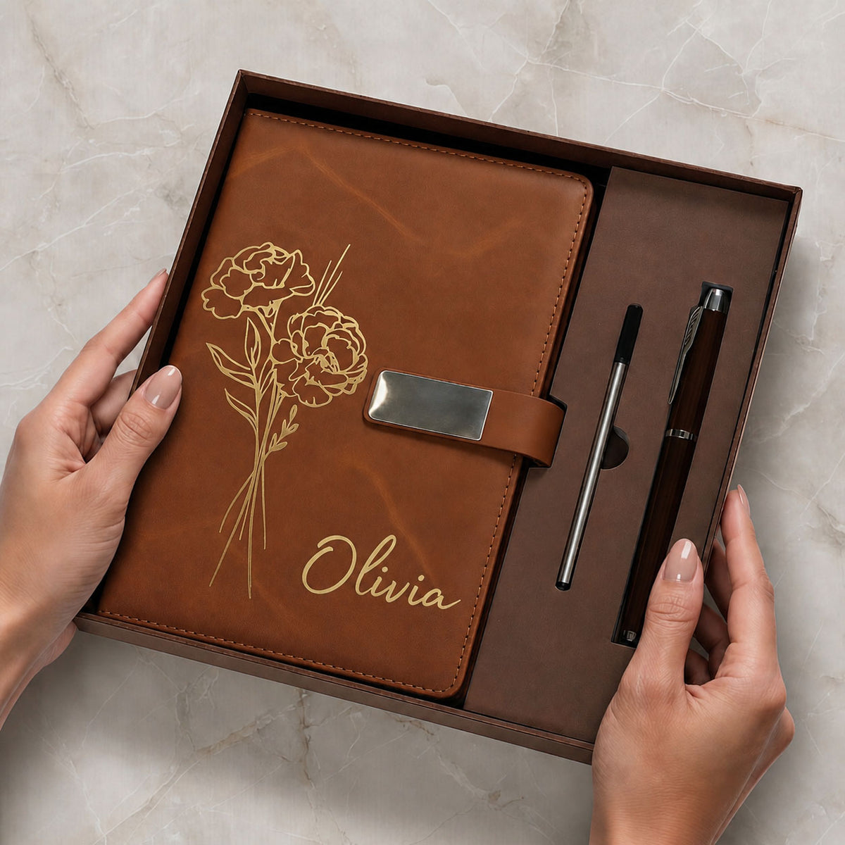 Personalized Leather Journal Gift Set - Custom Name & Flower Notebook with Pen
