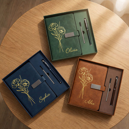 Personalized Leather Journal Gift Set - Custom Name & Flower Notebook with Pen