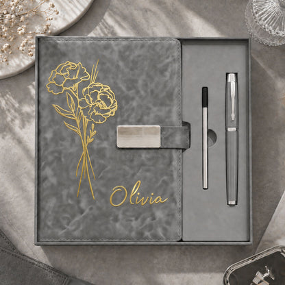 Personalized Leather Journal Gift Set - Custom Name & Flower Notebook with Pen