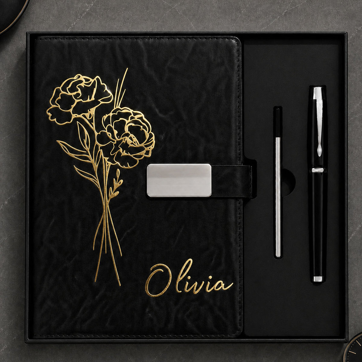 Personalized Leather Journal Gift Set - Custom Name & Flower Notebook with Pen