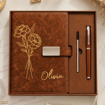 Personalized Leather Journal Gift Set - Custom Name & Flower Notebook with Pen