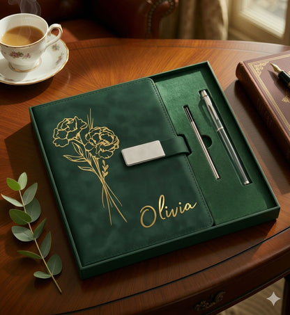 Personalized Leather Journal Gift Set - Custom Name & Flower Notebook with Pen