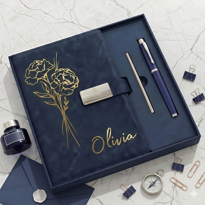 Personalized Leather Journal Gift Set - Custom Name & Flower Notebook with Pen
