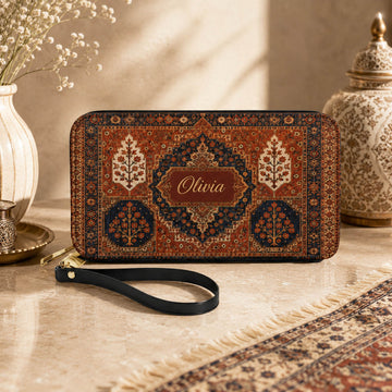Boho Floral Persian Rug Travel Gift for Her - Personalized Leather Long Wallet