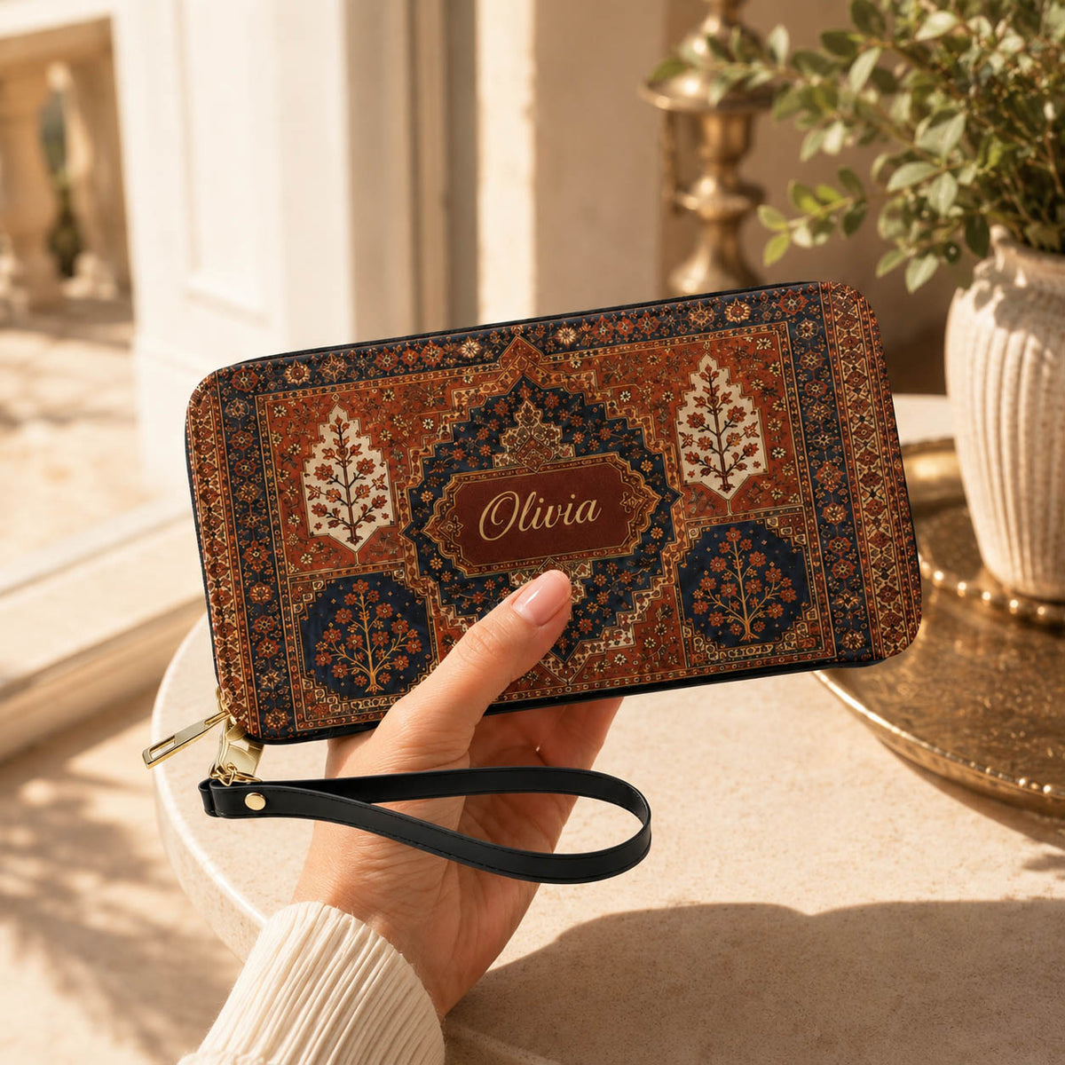 Boho Floral Persian Rug Travel Gift for Her - Personalized Leather Long Wallet