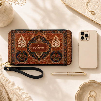 Boho Floral Persian Rug Travel Gift for Her - Personalized Leather Long Wallet