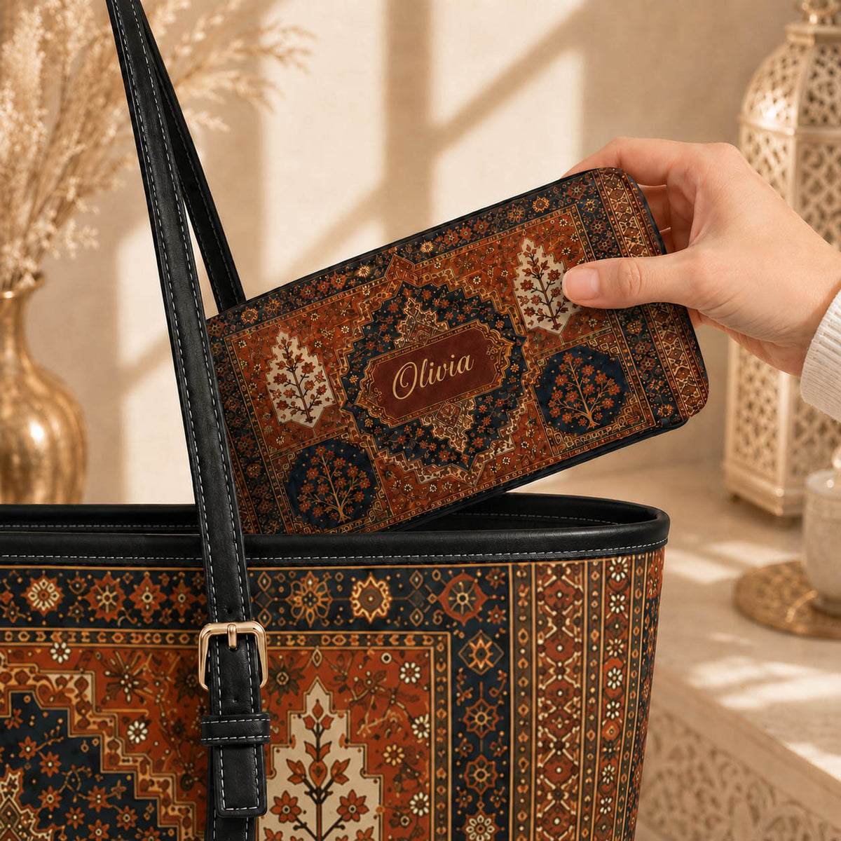Vintage Persian Rug Boho Bag Set - Personalized Leather Bag Tote Bag & Wallet Set