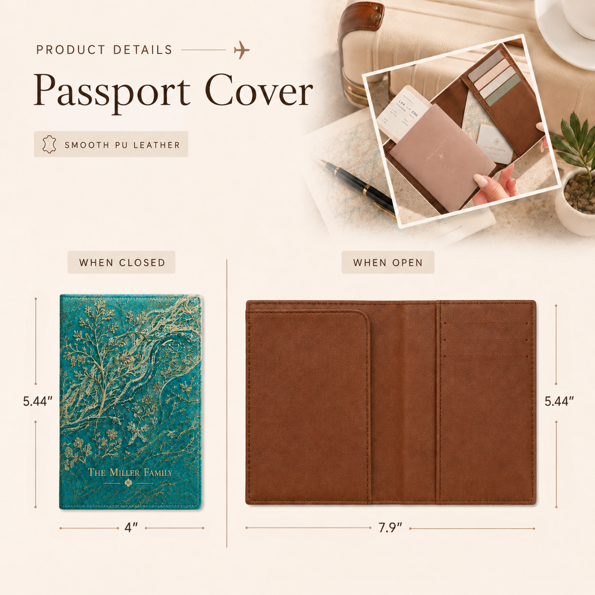 Teal Botanical Family Travel Accessories Gift - Personalized Luggage Cover, Tag & Passport Cover Set