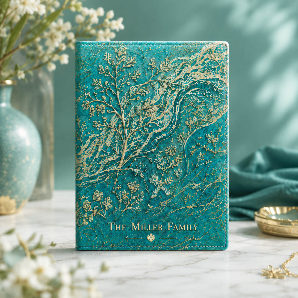 Teal Botanical Family Name Travel Gift - Personalized Passport Cover