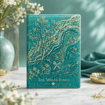 Teal Botanical Family Name Travel Gift - Personalized Passport Cover