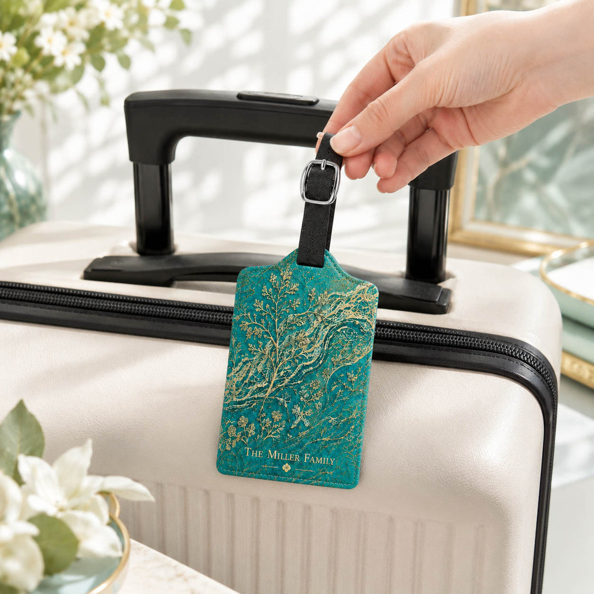 Teal Botanical Family Name Travel Gift - Personalized Luggage Tag
